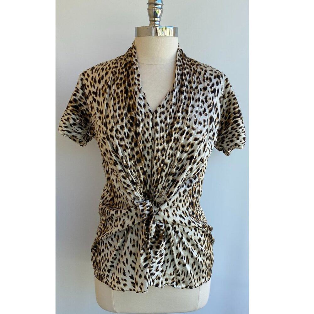 Tadashi Shoji Silk Leopard Animal Print Pleated Tie Blouse sz 12